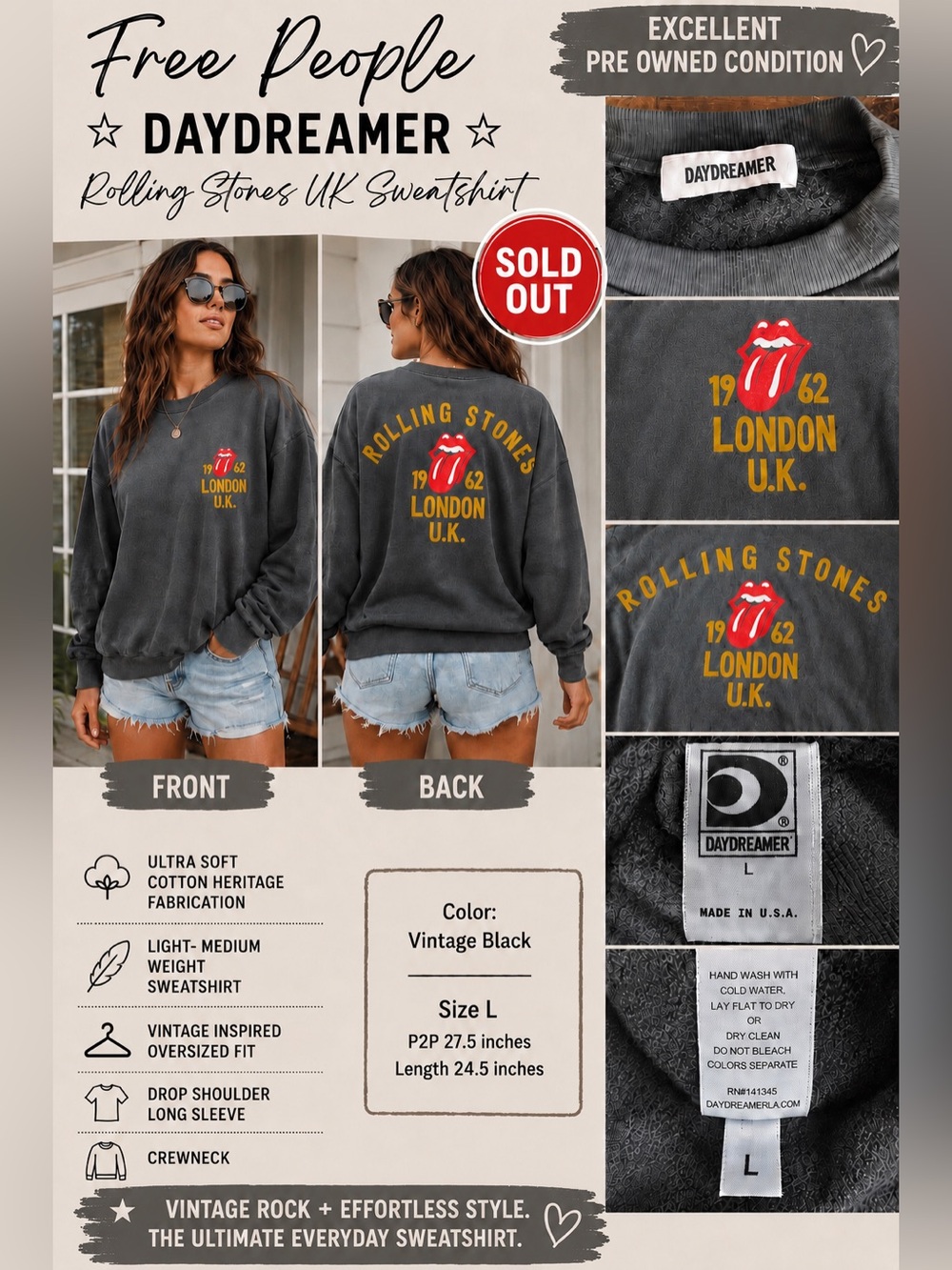 Free People/DAYDREAMER Rolling Stones UK Crewneck👅🎸🤘🏽Large Festival Rock Band